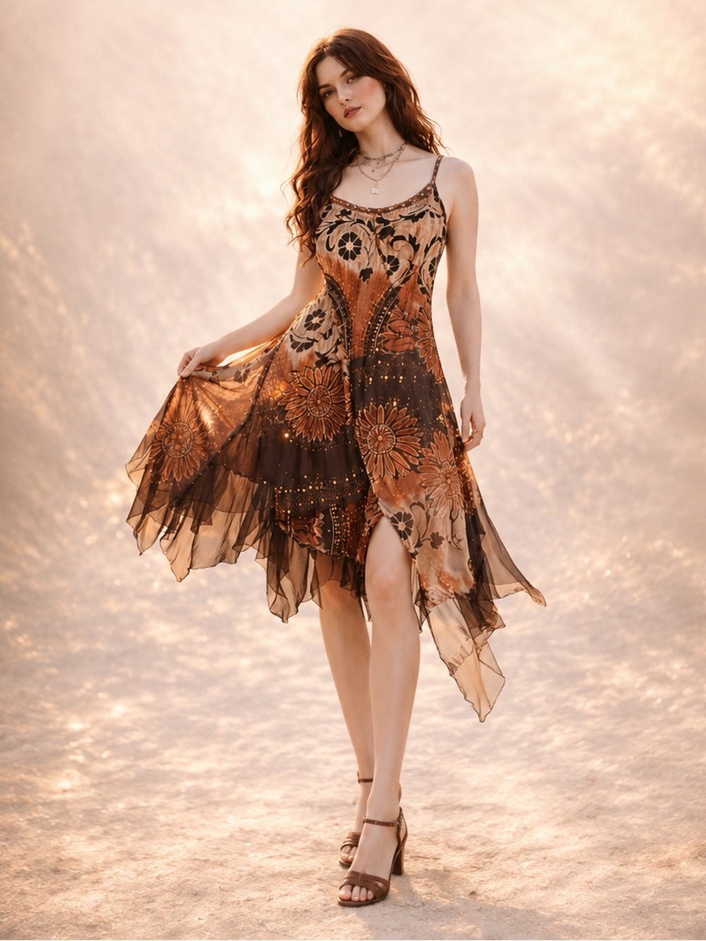 Y2K Fairycore Sequin Handkerchief Hem Chiffon Midi Dress OS